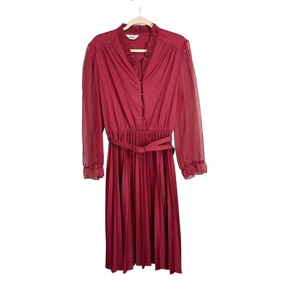 Montgomery Ward Dresses & Skirts - Montgomery Ward Maroon Sheer Ruffled Belted Button Pleated Midi Dress Size L/XL